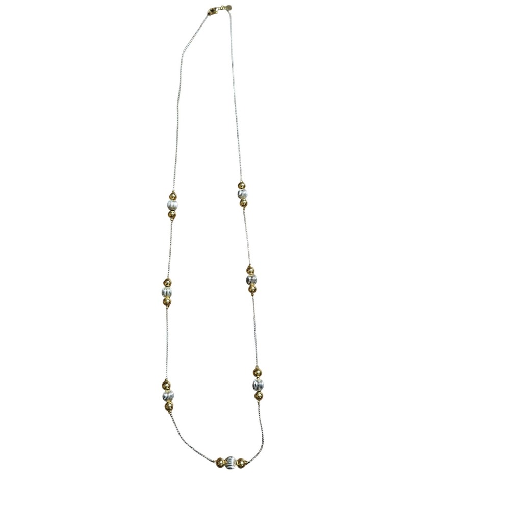 Vintage Premier Design Two Tone Ribbed Beaded Ball Station Necklace 28" Signed